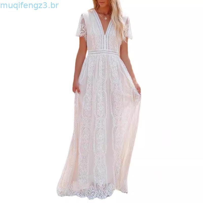 Roupas De Maternidade Mulheres De Verão V Pescoço Branco Renda Boho Manga Curta Praia Vestido Casual Lady Maxi De Gravi