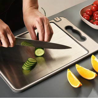 Tábua de Corte Cortar Carne Placa Dupla Face Higiênica em Aço Inox e PP com Afiador e Alça S5