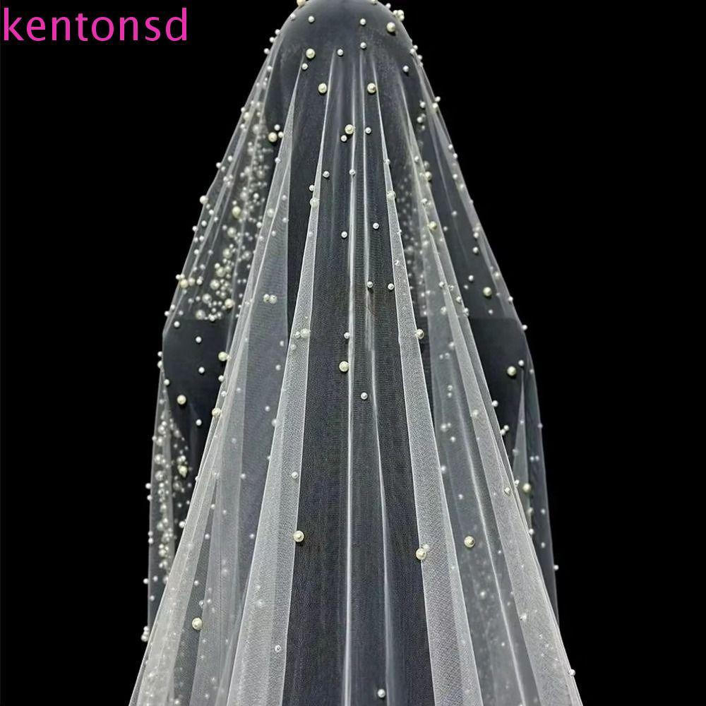 Véu de Noiva de Tule com Pérolas KENTONSD, Véu de Casamento Longo Vintage, 1 Camada, Comprimento até a Cintura AMPU