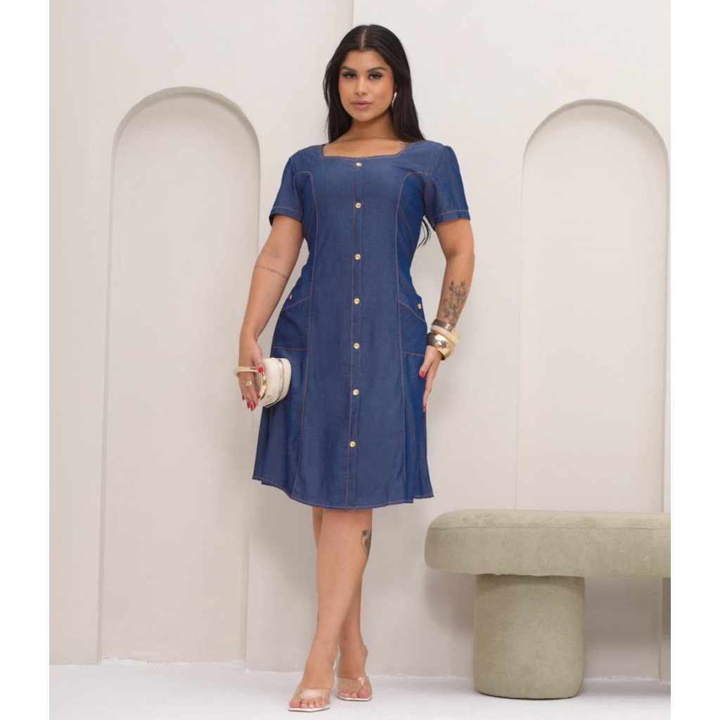 Vestido Midi Feminino  Jeans Botões e Bolsos Moda Evangélica feito do tegido  chambray em Oferta na Shopee