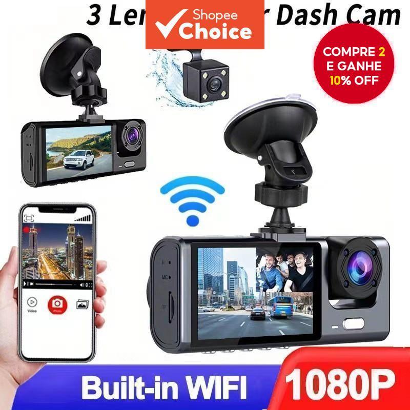 Câmera de Carro Wi-Fi Dashcam com 3 Lentes HD 1080P, Monitor de Estacionamento 24h, Gravador de Vídeo DVR, Câmera Dash