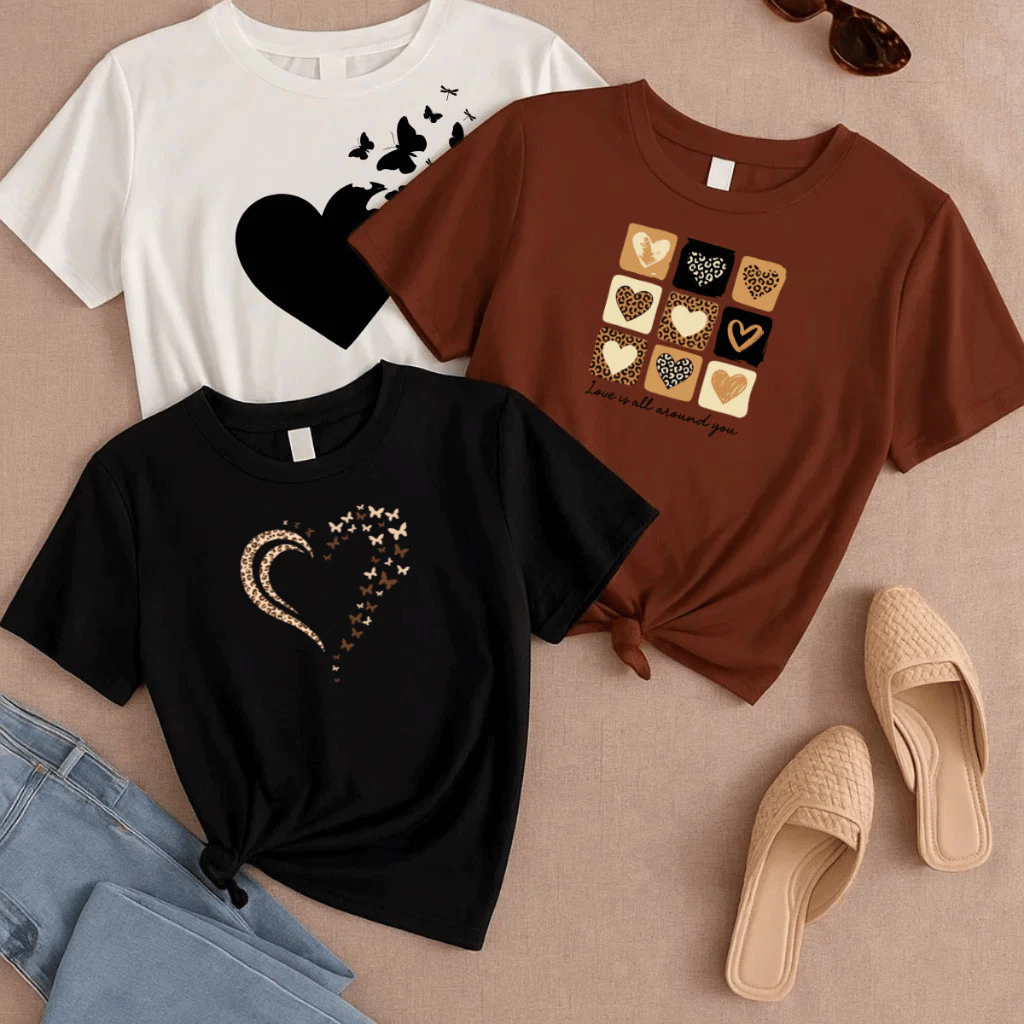 Kit 3 Camisetas Feminina Estampada Academia Camisa Blusa 100% Algodão Treino 3 Com Corações Premium — imagem 1