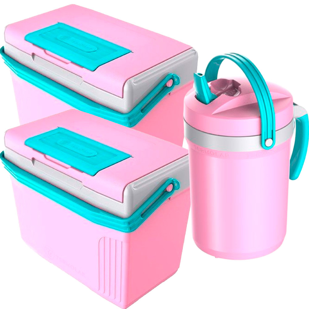 Kit Termolar Praia Camping 2 Caixa Cooler Térmico Rosa 8 Litros e 1 Jarra Térmica Rosa 2,5L Tereré