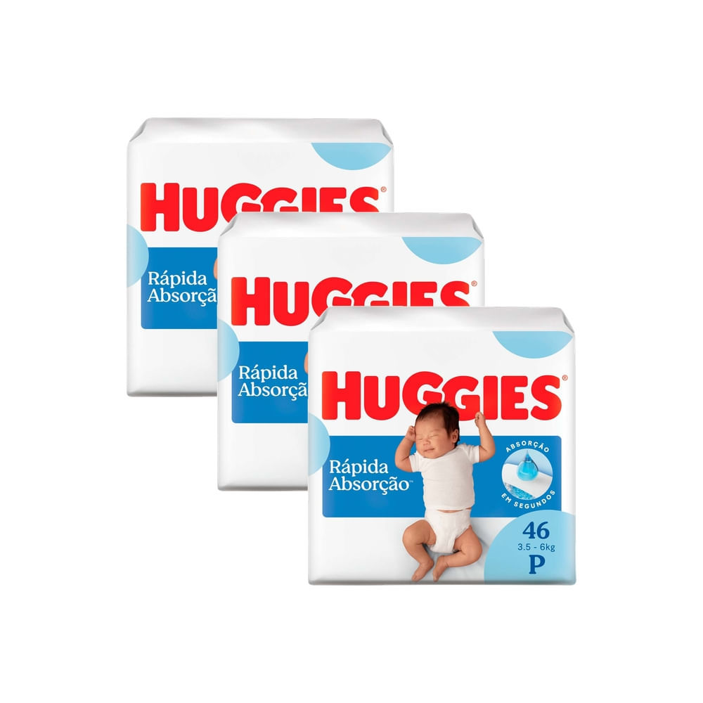 Kit 3 Fralda Huggies Rápida Absorção Tamanho P Pacote Mega 46 Unidades Descartáveis