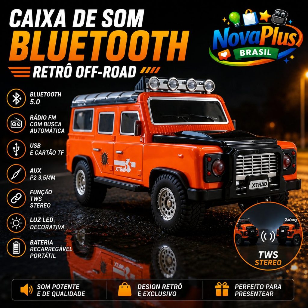Caixa de Som Bluetooth Retrô Off-Road Portátil Rádio FM USB TF AUX TWS LED Recarregável