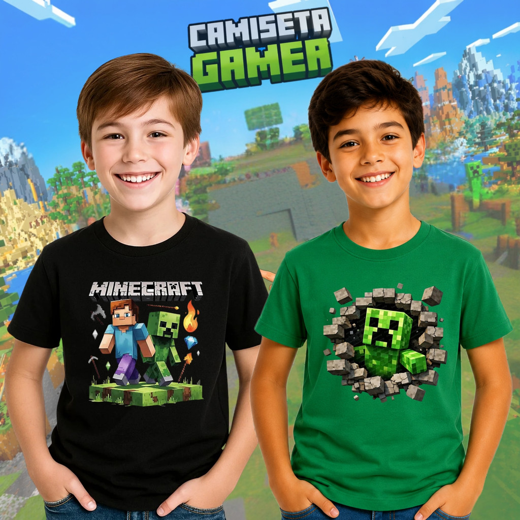Camiseta Minecraft Menino Menina Bloco Creeper Jogo Unisex Manicraft Infantil Blusa