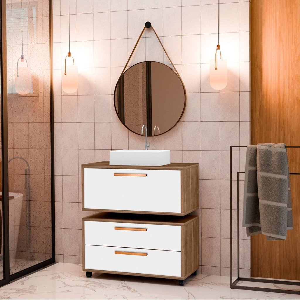 Conjunto Gabinete para Banheiro com Rodizio, com Cuba de sobrepor e Espelho Kyoto 80 cm Avelato/Branco
