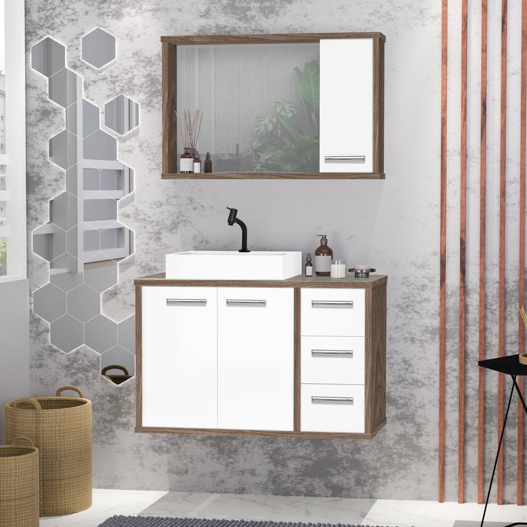 Gabinete para Banheiro com Tampo de Vidro Cuba de Sobrepor e Espelheira 80cm Turin  Avelato/Branco