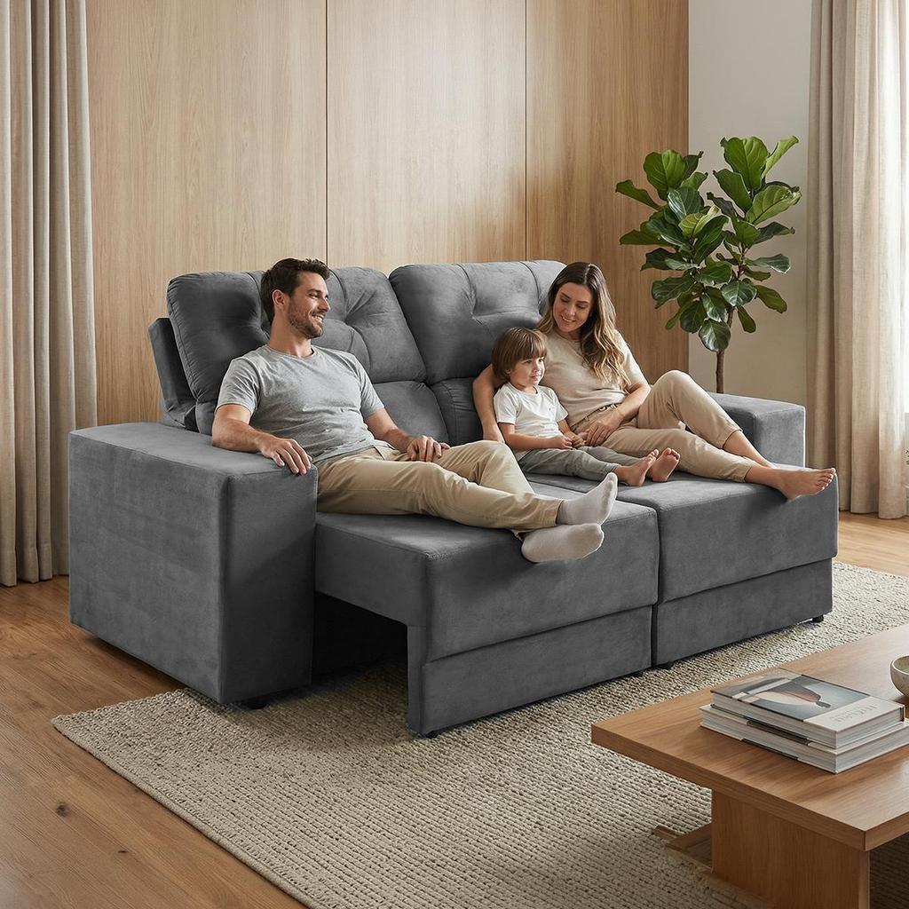 Sofá Retrátil e Reclinável 3 Lugares Espuma Fibra Siliconada Maringá 180cm