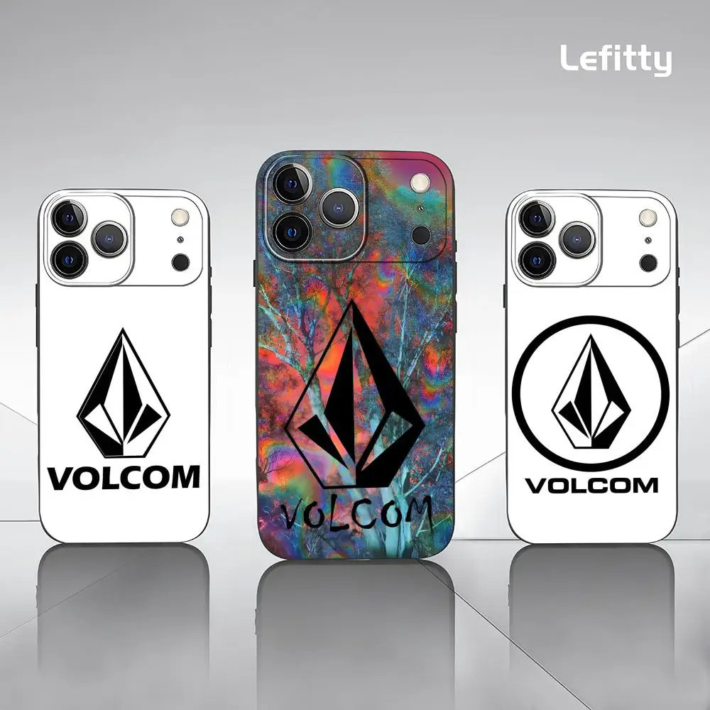 Capa de Telefone TP-1 Fashion V-Volcom para iPhone 17 16 15 14 13 12 11 Pro Max Plus Mini, Preta Fosca, Capa Macia