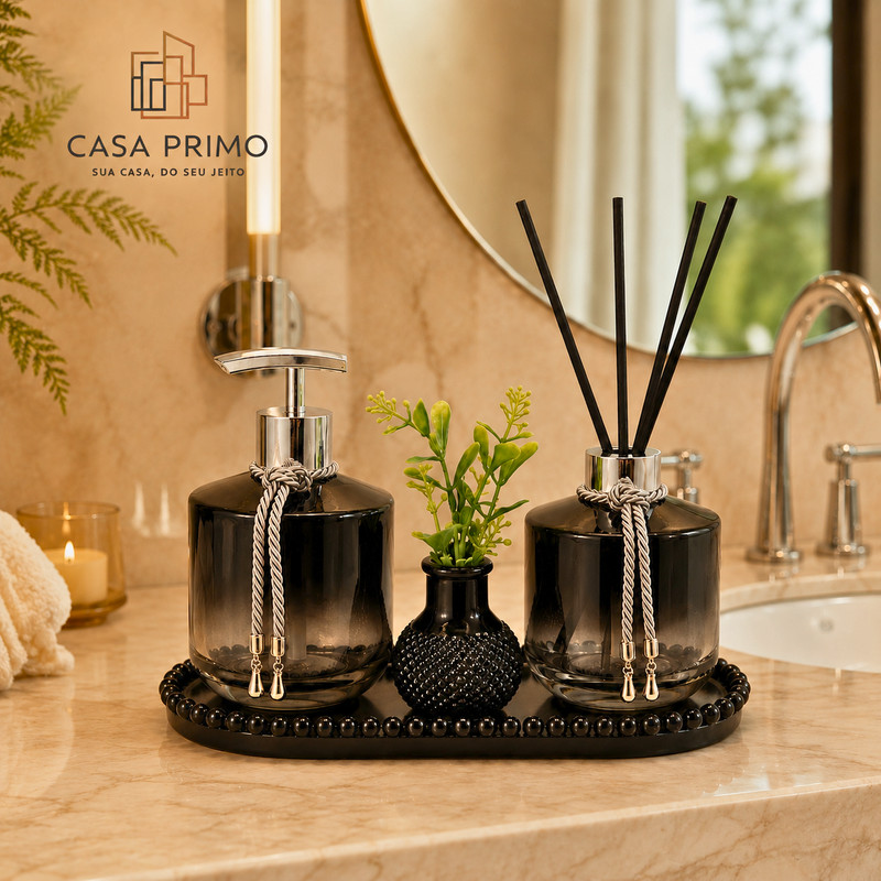 Kit Lavabo Rubi 4 Peças Vidro Preto Degradê Prata Bandeja Flor Varetas Banheiro 
