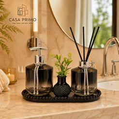 Kit Lavabo Rubi 4 Peças Vidro Preto Degradê Prata Bandeja Flor Varetas Banheiro Casa Primo Luxo