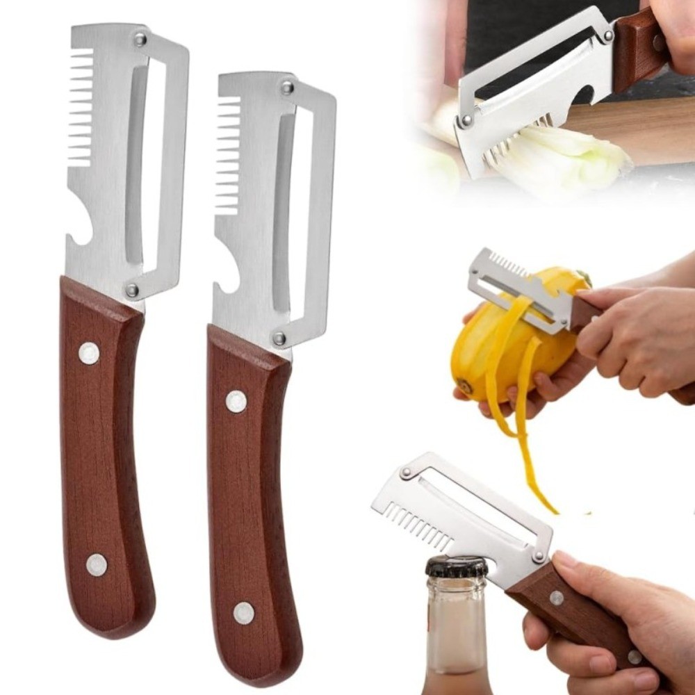 Descascador 3 Em 1 Aço Inoxidável Fatiar Descascar Abridor Garrafas Cozinha Alça Madeira Utensílio Cozinha