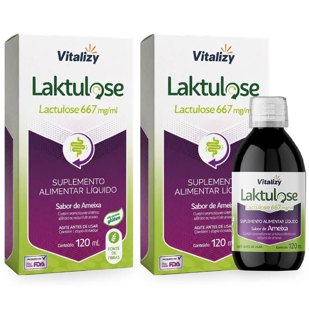 KIT Lactulose 2 Caixas de 120ml cada Vitalizy 667mg/ml  Ameixa Regulador Intestinal Sem Glúten Fonte De Fibras Natural