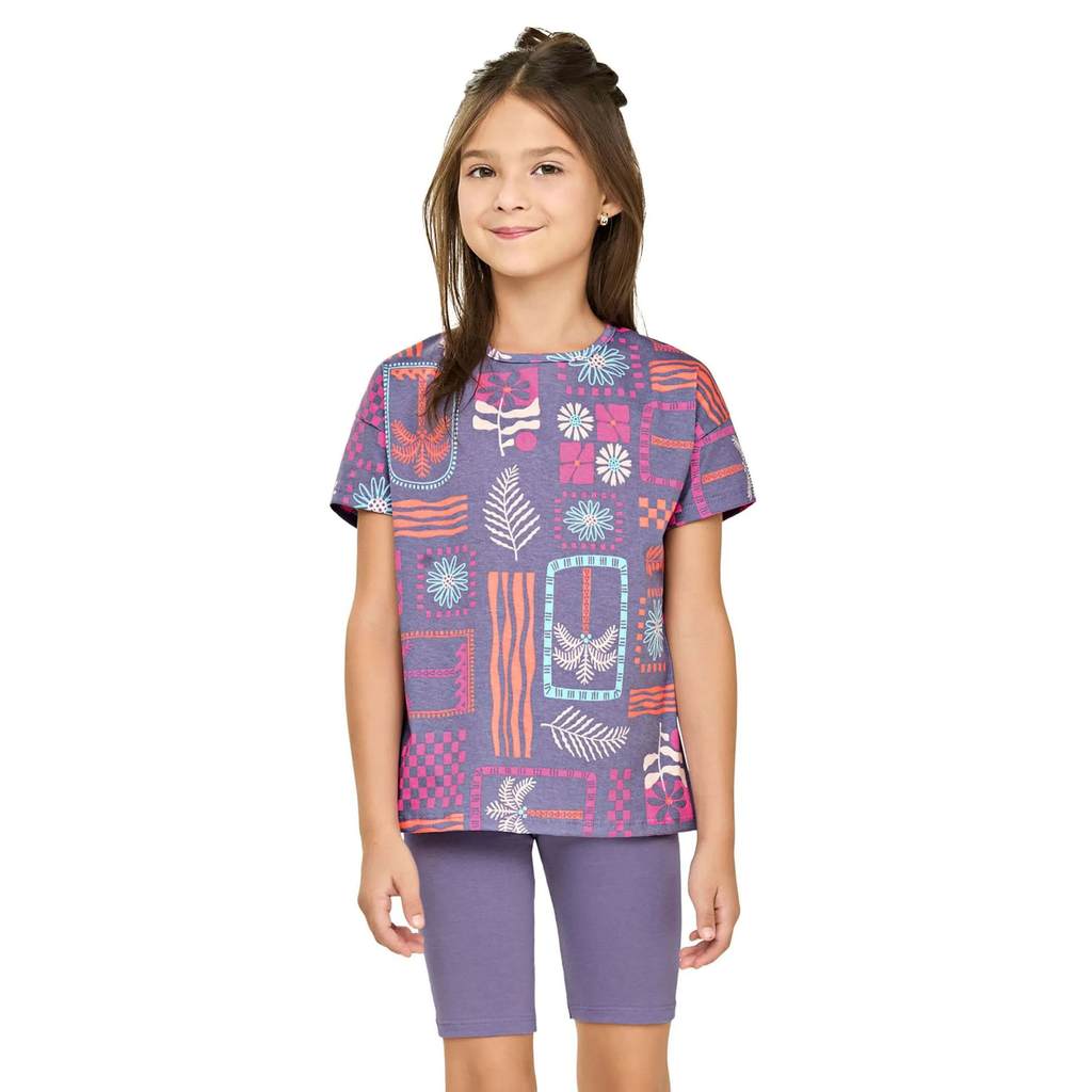 Conjunto Infantil Menina Elian com Shorts Ciclista e Blusa Roxa Tropical