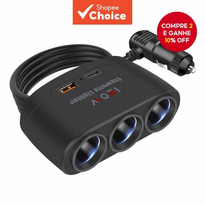 3-Em-1 Adaptador de Tomada do Carro com Isqueiro e Divisor Duplo USB para Carregamento