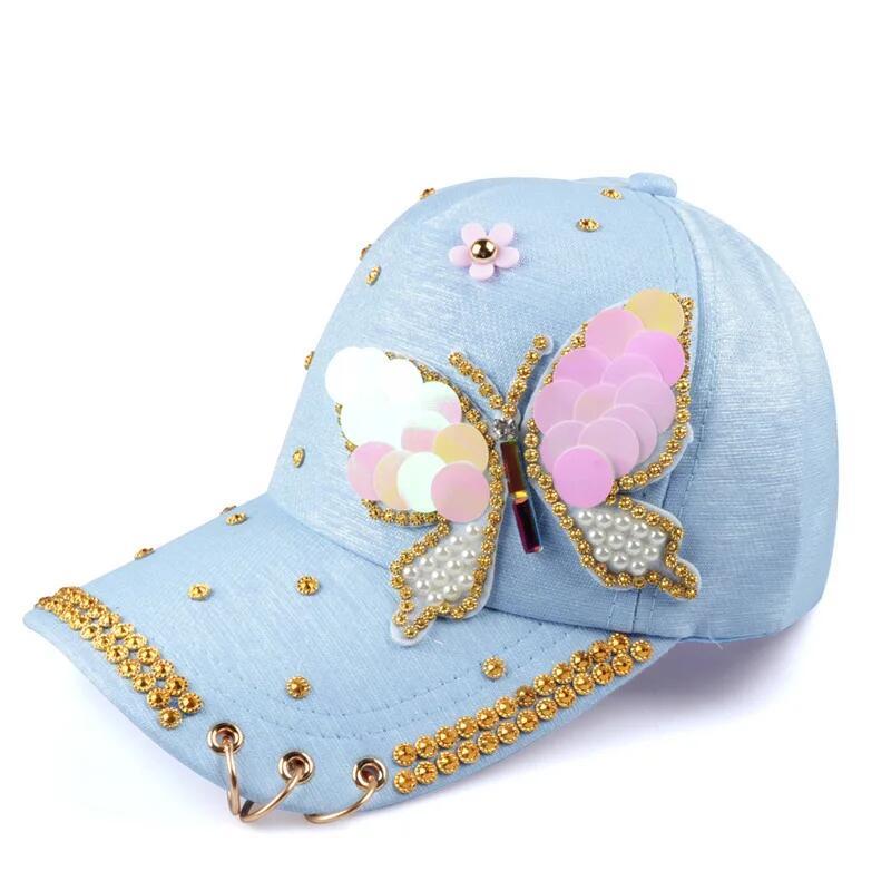 Bonés de Denim com Lantejoulas, Boné de Beisebol com Borboleta em 3D, Bonés de Verão com Tela e Fecho Snapback para Mulh