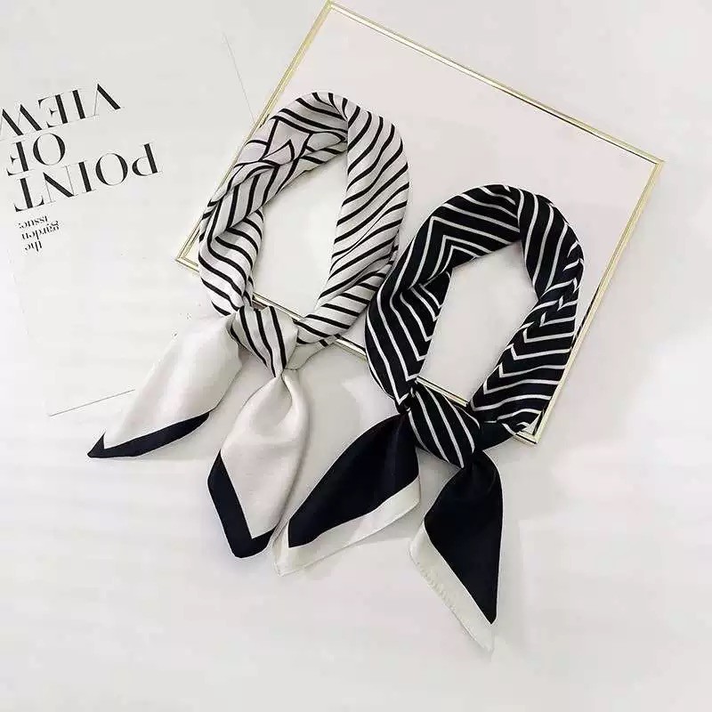 Senhoras versão simples listrado cetim 70cm lenço quadrado lenço de seda lenço em Oferta na Shopee