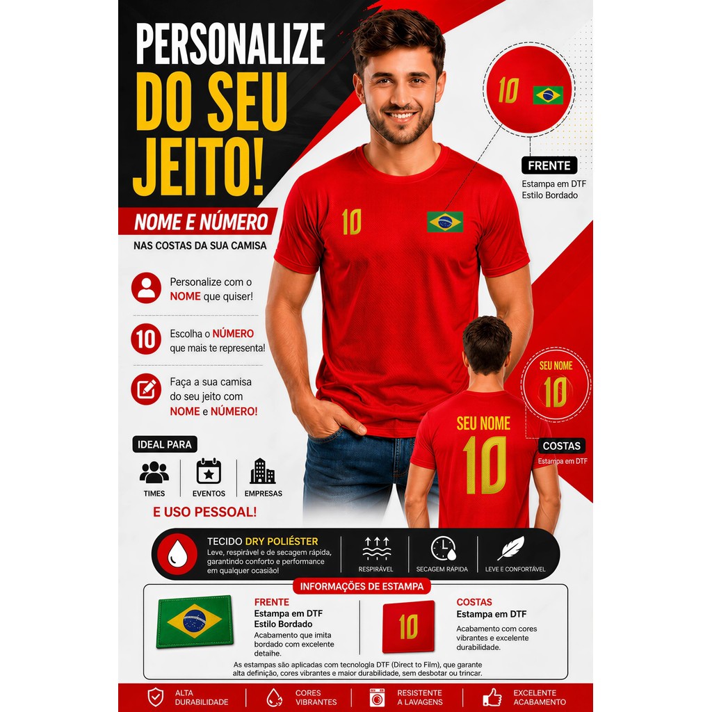 Camiseta do Brasil Masculina Vermelha Estilo Colmeia Personalizada Nome Número Envio Rápido