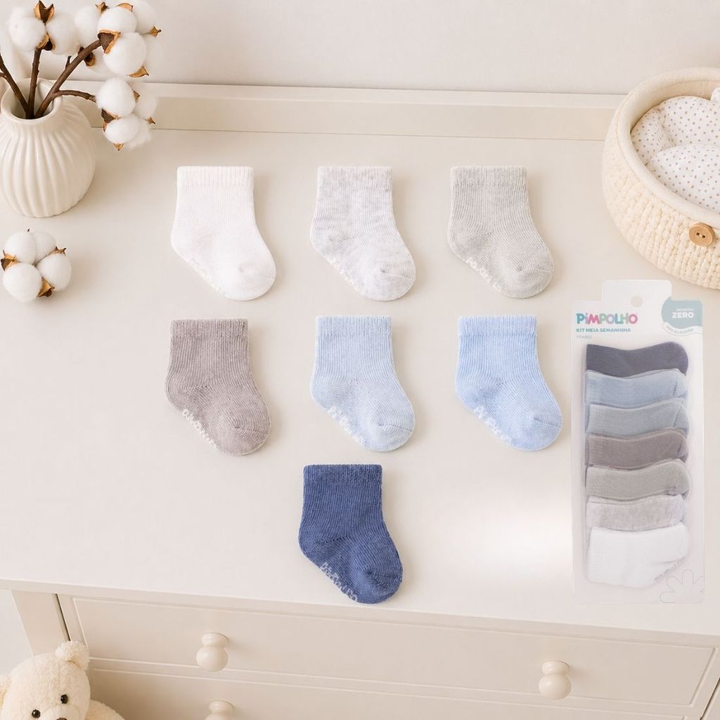 Kit Meia Semaninha Bebê Menina e Menino 7 Pares Lisas e Estampadas Conforto Algodão Pimpolho