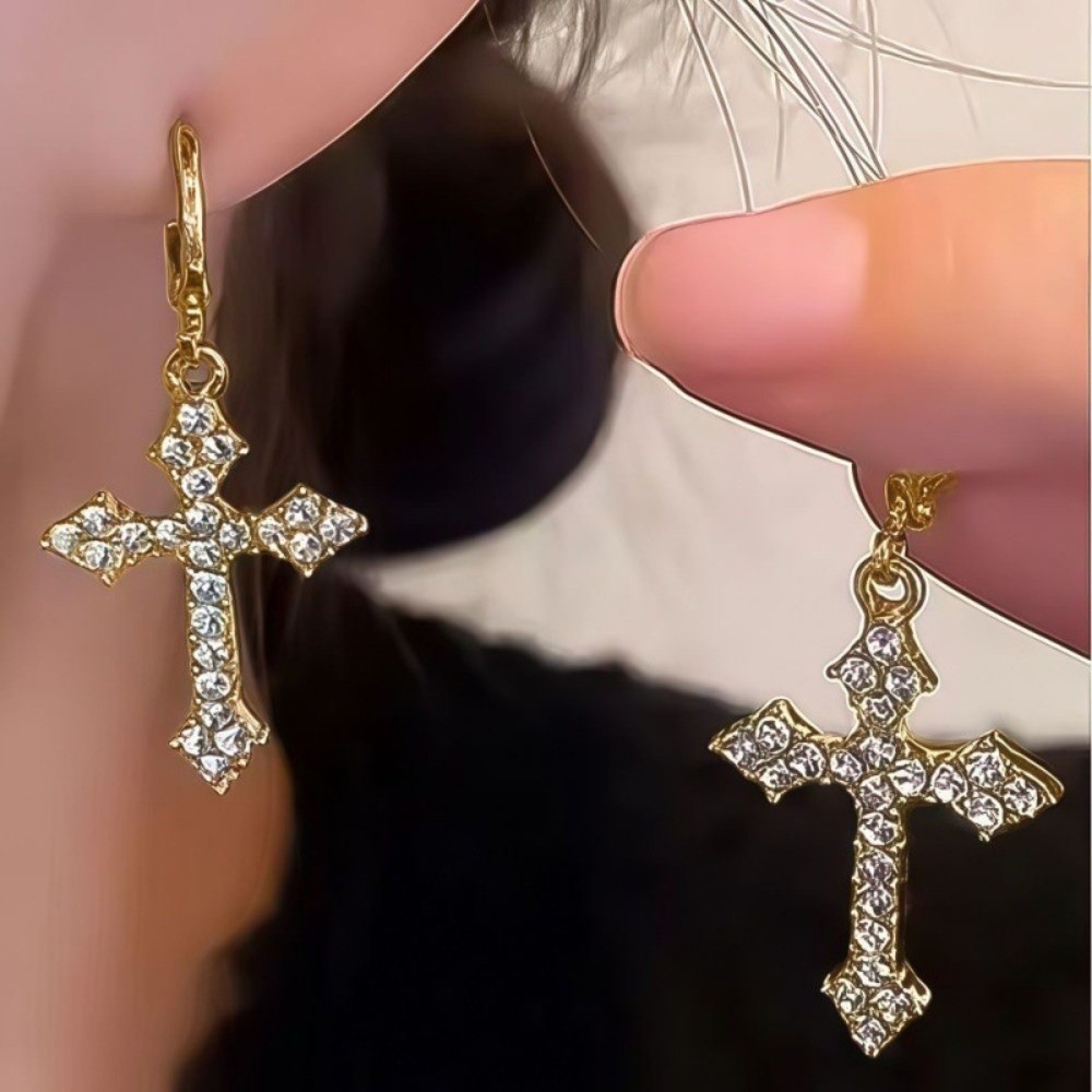 Luz de luxo diamante cruz brincos feminino Super Flash cruz brincos na moda All-Match brincos