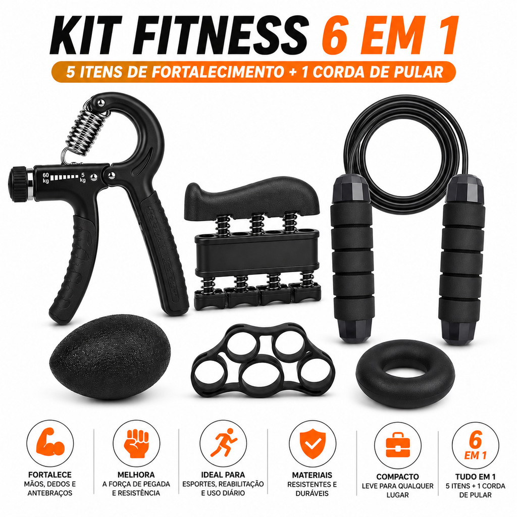 Kit  5 Peças Aderência de Mão Hand Grip Flexor +Corda de Pular Crossfit Profissional Ajustavel 3M