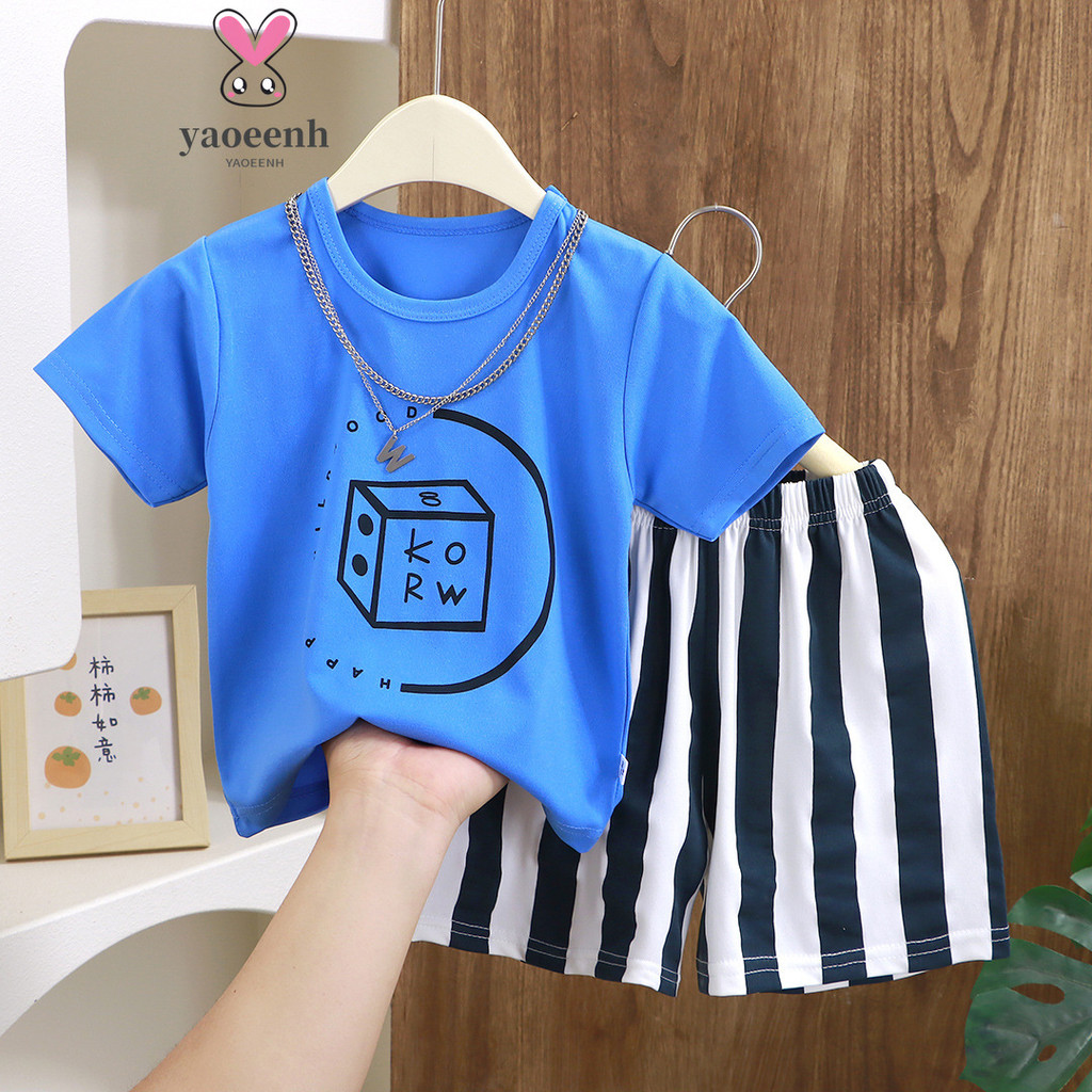 80-130CM crianças terno de manga curta meninos meninas Casual em torno do pescoço impresso camiseta Shorts terno de duas