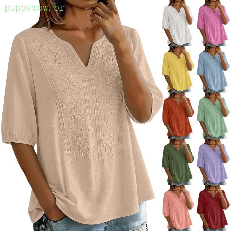 Linho PUP Para Bordado Decote V Boêmio Camisa Camponesa 3 4 Blusa Gaze