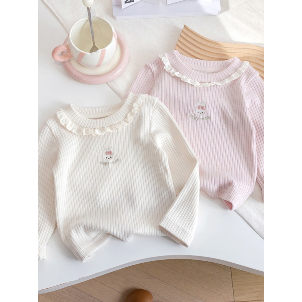 Meninas de manga comprida camiseta primavera outono novo estilo infantil estilo ocidental bordado renda em torno do pesc