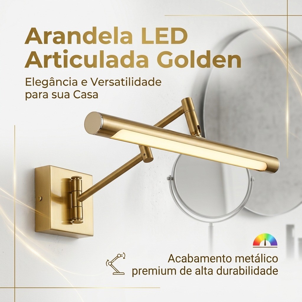 Arandela Led Espelho Quadro Articulada Dourada 3 Cores 12W