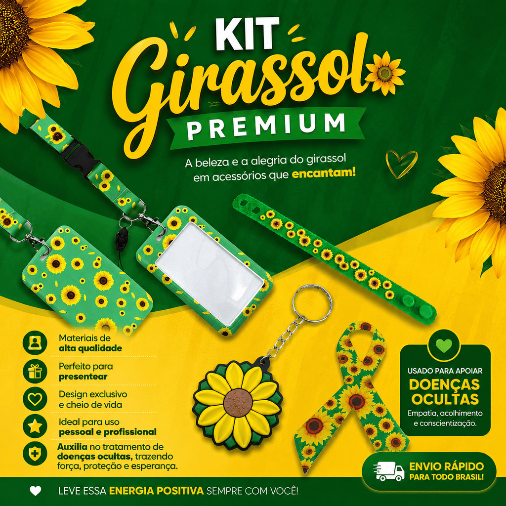 Crachá Girassol + Cordão, Acompanha Pulseira, Adesivo e Chaveiro - Identificação para Doenças Ocultas kit com 5 Peças