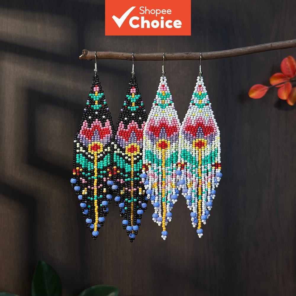 Brincos de flores de miçangas bohemias, feitos à mão, longos com borlas de miçangas de vidro, estilo campestre, gancho