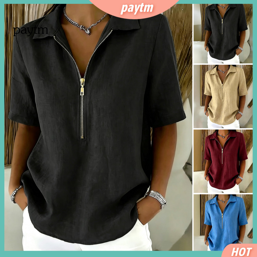 Women Lapel Tops Shirt Women’s Casual Zipper Pullover Top – Short Sleeve Half Placket Blouse Regular Fit Solid Color