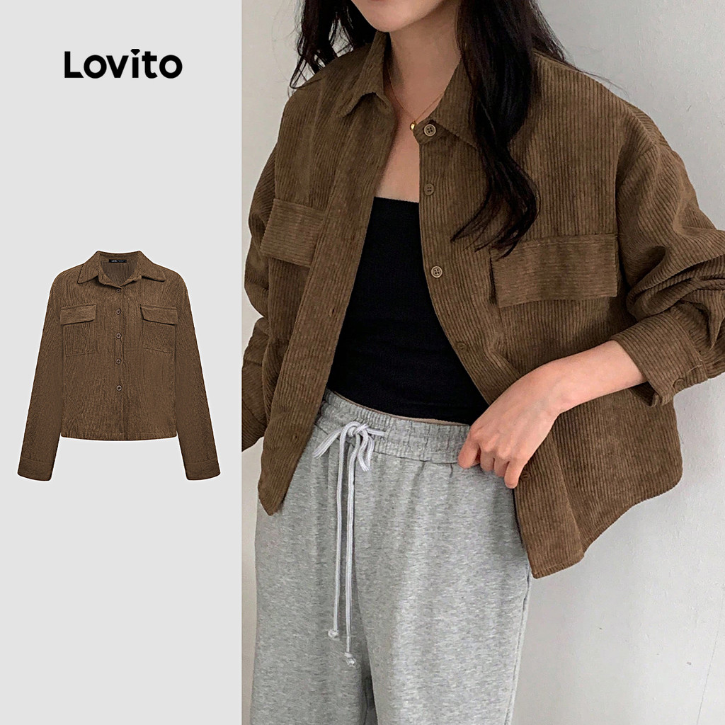 Lovito Jaqueta Casual de Bolso Outono/inverno Marrom para Mulheres L166AD970 em Oferta na Shopee