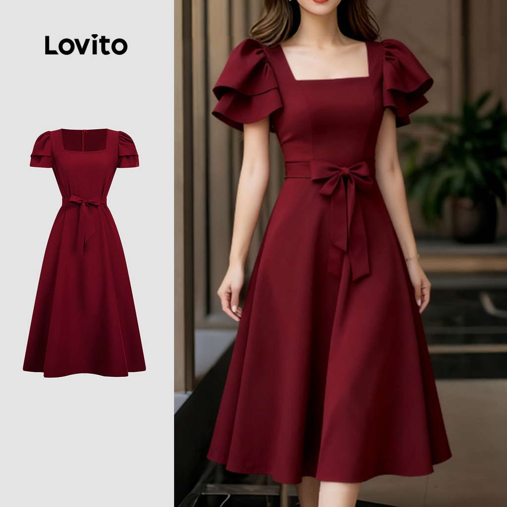 Lovito Vestido Casual Vermelho Festa De Natal/ano Novo Cadarço E Babados Modelo Bordô Primavera/verão Mulheres L166AD143