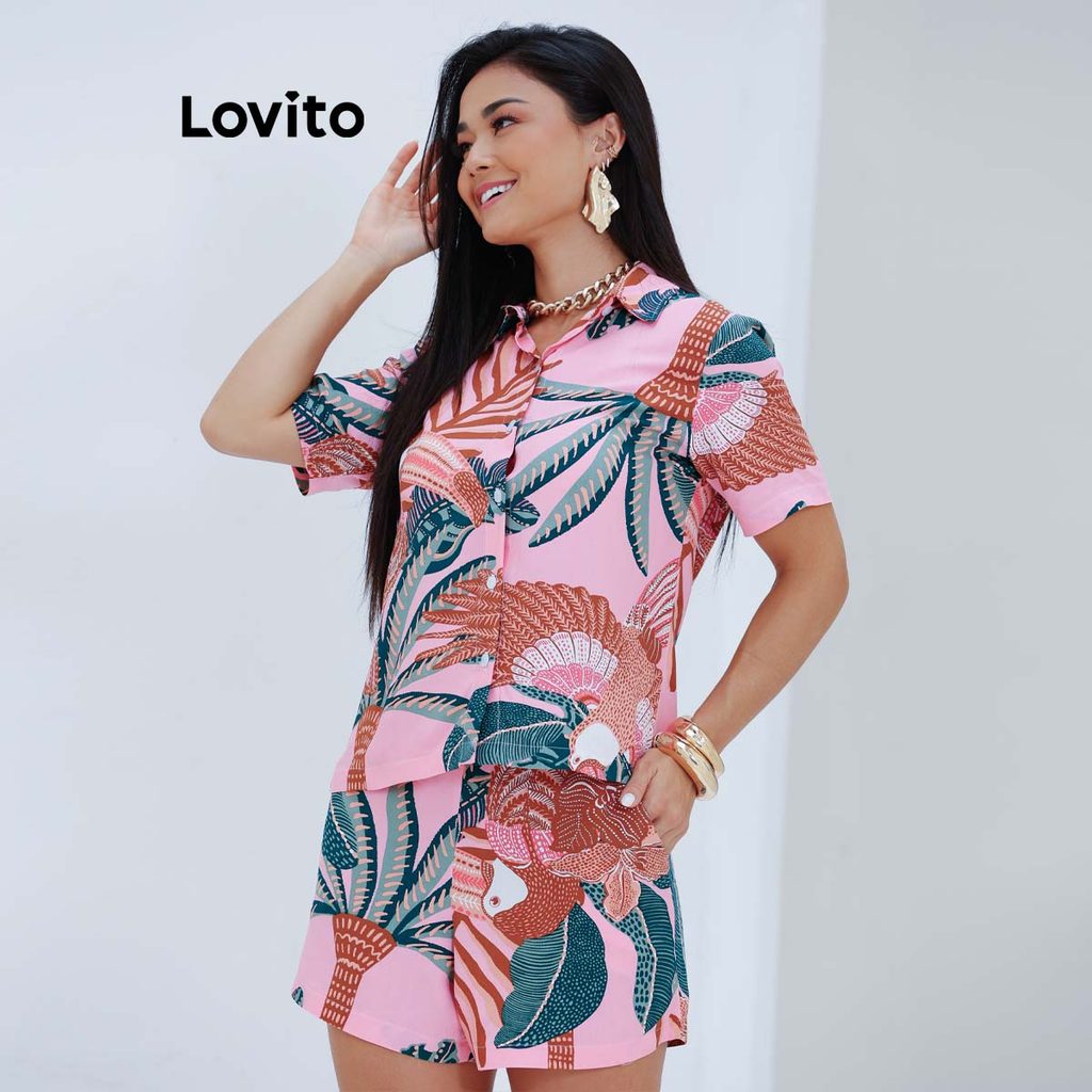 Lovito Bossa I Shorts Feminino em Viscose Estampa Tropical Boho com Cintura Alta LB1473BRL1503 em Oferta na Shopee