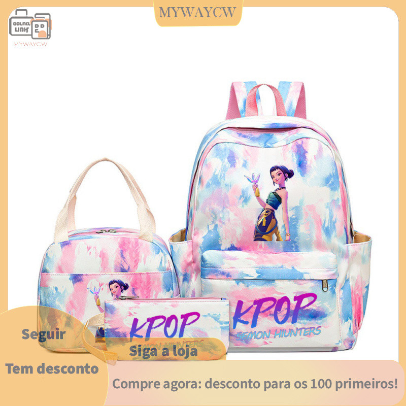 Mochila de Três Peças Kpop Demon Hunters HUNTRX Impressão de Grupo Feminino Grande Capacidade Mochila Escolar Multicolor em Oferta na Shopee