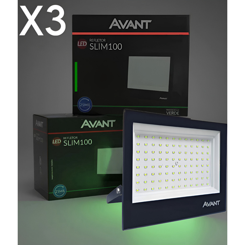Kit 3 Refletor Slim Avant 100w Luz Cor Verde Bivolt Led Ip66 127/220v Preto Verde
