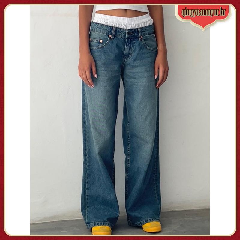 Retro Y2K Jeans Moda Feminina Outono Cintura Alta Bolso Empilhado Perna Larga Calça Casual Baggy Streetwear Commute Deni