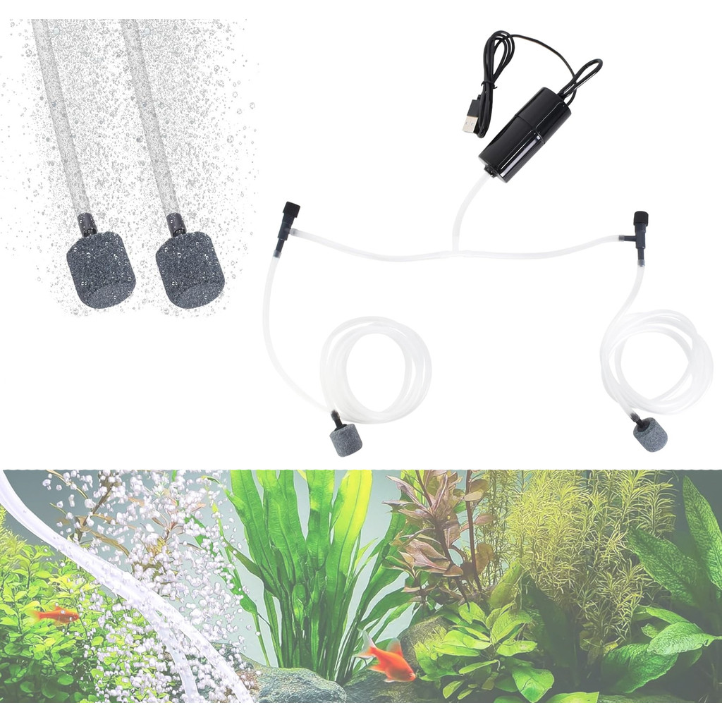 Bomba de Ar para Aquário USB Dupla Saída, 2 Pedras Porosas, Ajustável e Silenciosa, Para Peixes em Oferta na Shopee