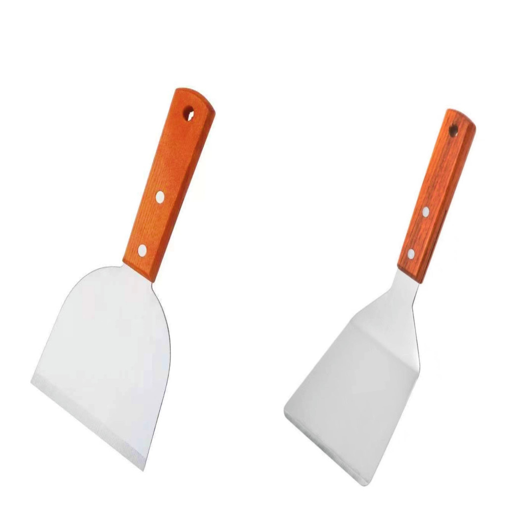 Imagem Kit 2 Espátula Chapeiro Profissional Peças Inox – Reta + Curva, Multifuncional para Carne, Hambúrguer, Pizza e Churrasco