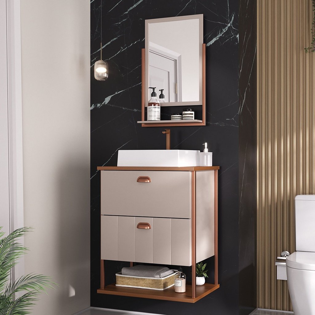 Gabinete Suspenso com Cuba e Espelheira 60cm Olivia Espresso Móveis Bege/Cappuccino Cappuccino
