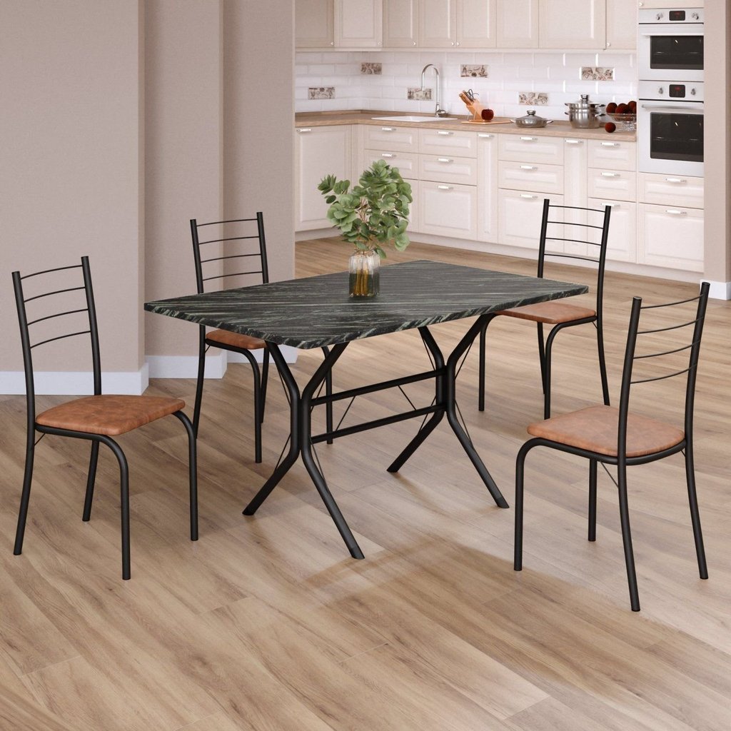 Conjunto Sala de Jantar Mesa Retangular 100x60cm Tampo Madeira Mdp Ardósia Indiana 4 Cadeiras Rio Marrom/Preto