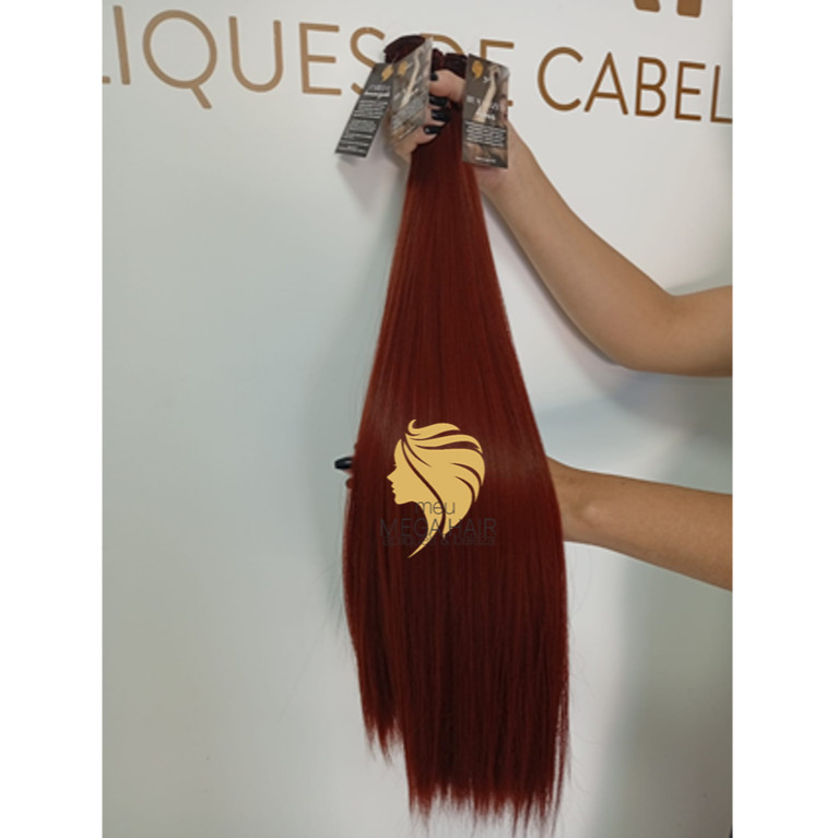 Aplique de Cabelo na Tela Mega Hair Natural Fibra Russa Liso Ruivo 50cm Premium Bella Hair