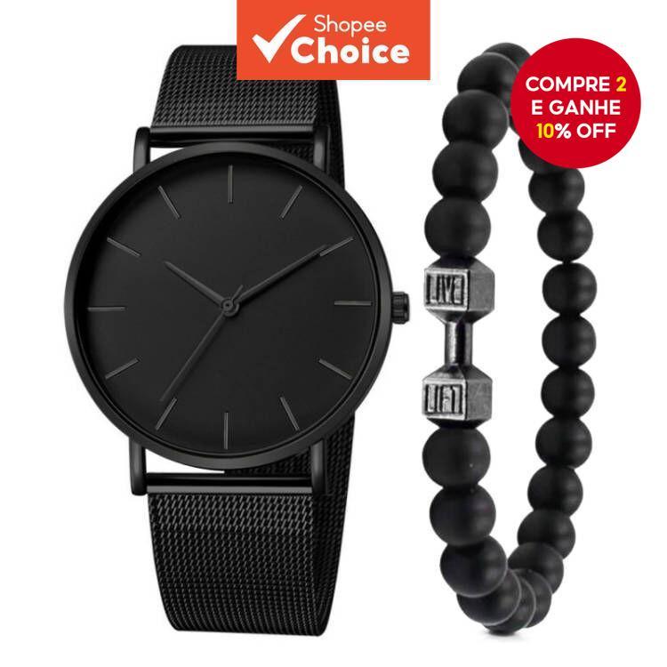 Conjunto De Pulseira De Relógio De Quartzo Com Malha Preta Ultrafina Para Homens , Escritório , Uso Diário , Reunião De