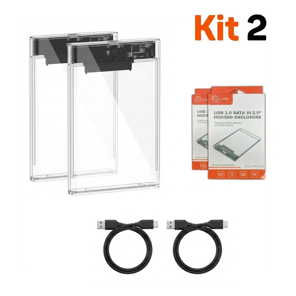 Case Gaveta HD SSD 2.5 Sata III USB 3.0 Transparente Externo 6Gbps PC Notebook PS4 Kit 2