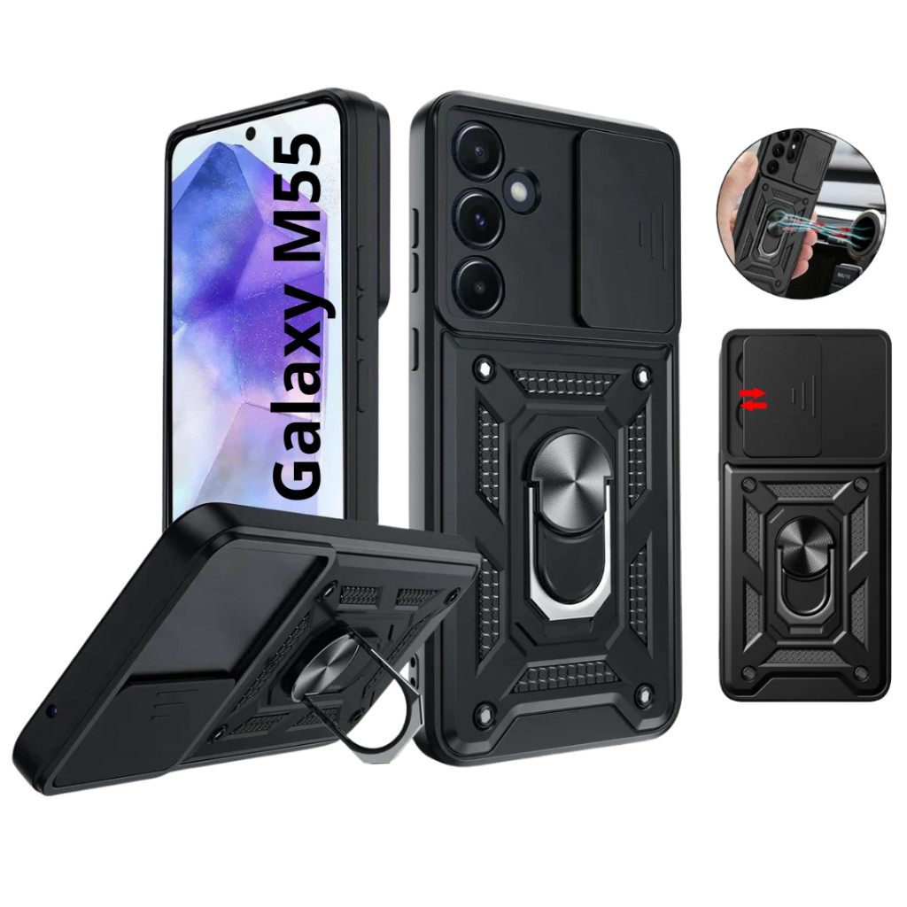 Capa Capinha Armor Para Galaxy M55 Preta Proteção Nível Militar Com Suporte e Pr