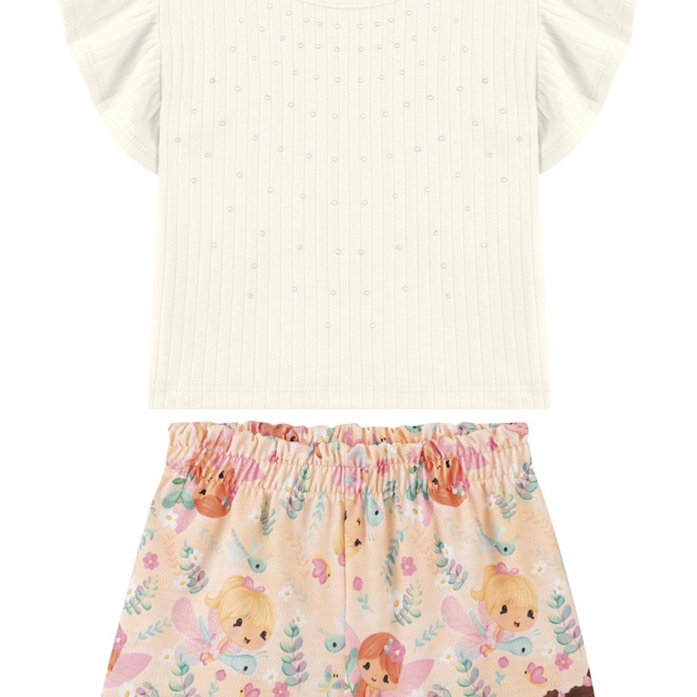 CONJUNTO MENINA BLUSA EM CANELADO PA E SHORTS EM COTTON MAQUINETADO FADAS ENCANTADAS