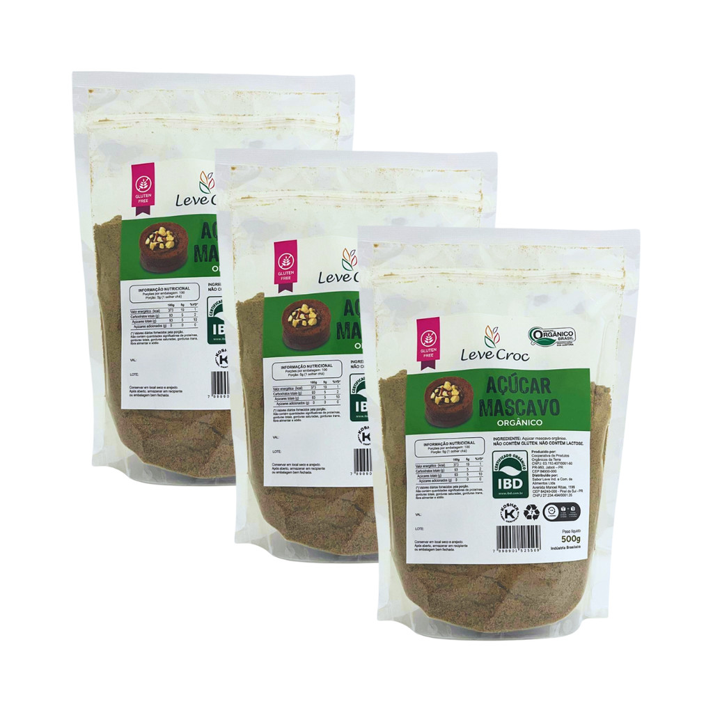 Kit com 3 Pouchs de Açúcar Mascavo Orgânico de 500g cada - Leve Croc