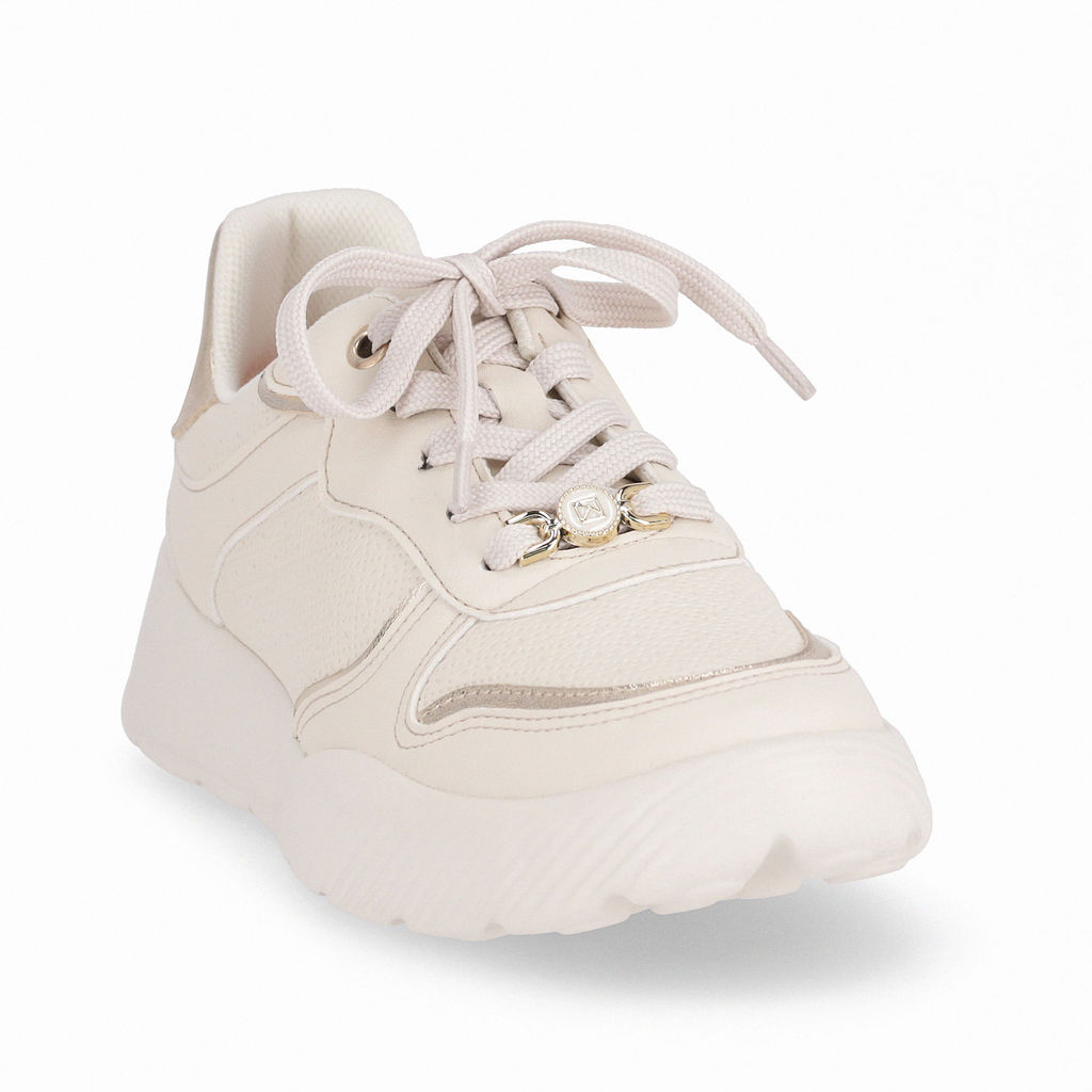 Detalhes do Tênis Fascite Anabela Médio Off White com Ouro